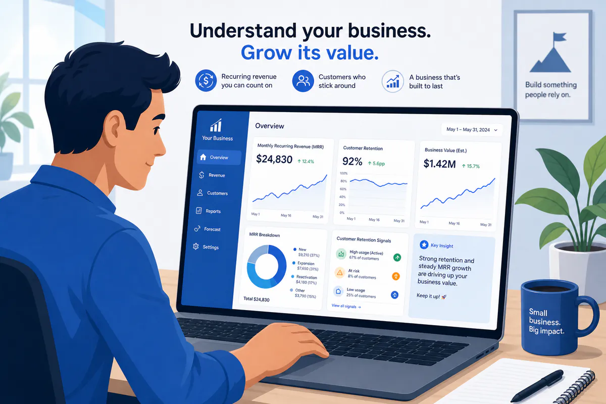 Illustration of a small business owner reviewing recurring revenue and customer retention signals