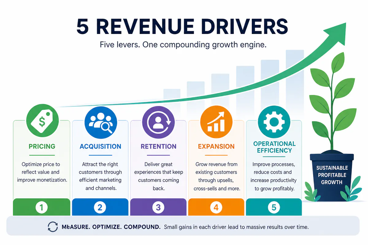 Illustration showing five revenue drivers: pricing, acquisition, retention, expansion, and efficiency