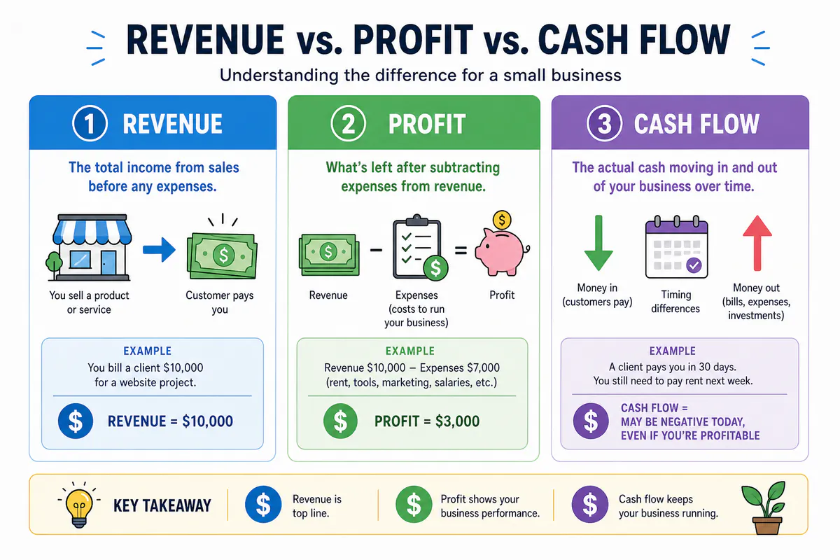 Infographic showing revenue vs profit vs cash flow